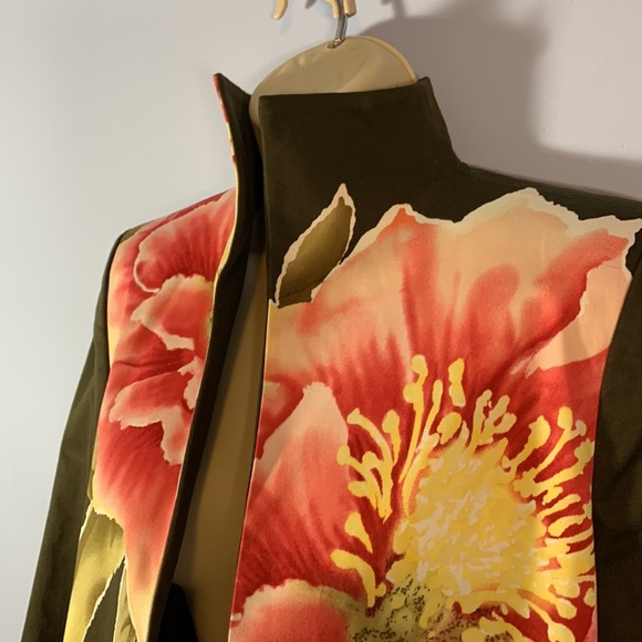 Linda Allard ELLEN TRACY size 2 green pink floral open blazer standing collar - Picture 2 of 11